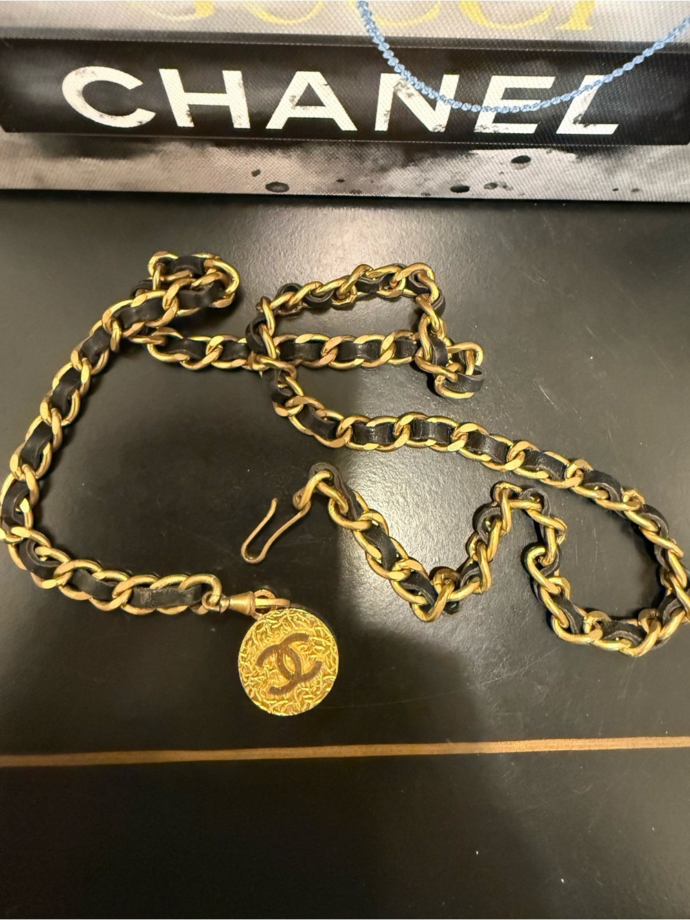 CHANEL Gold and Black Chain Link Belt with CC Medallion Pendant